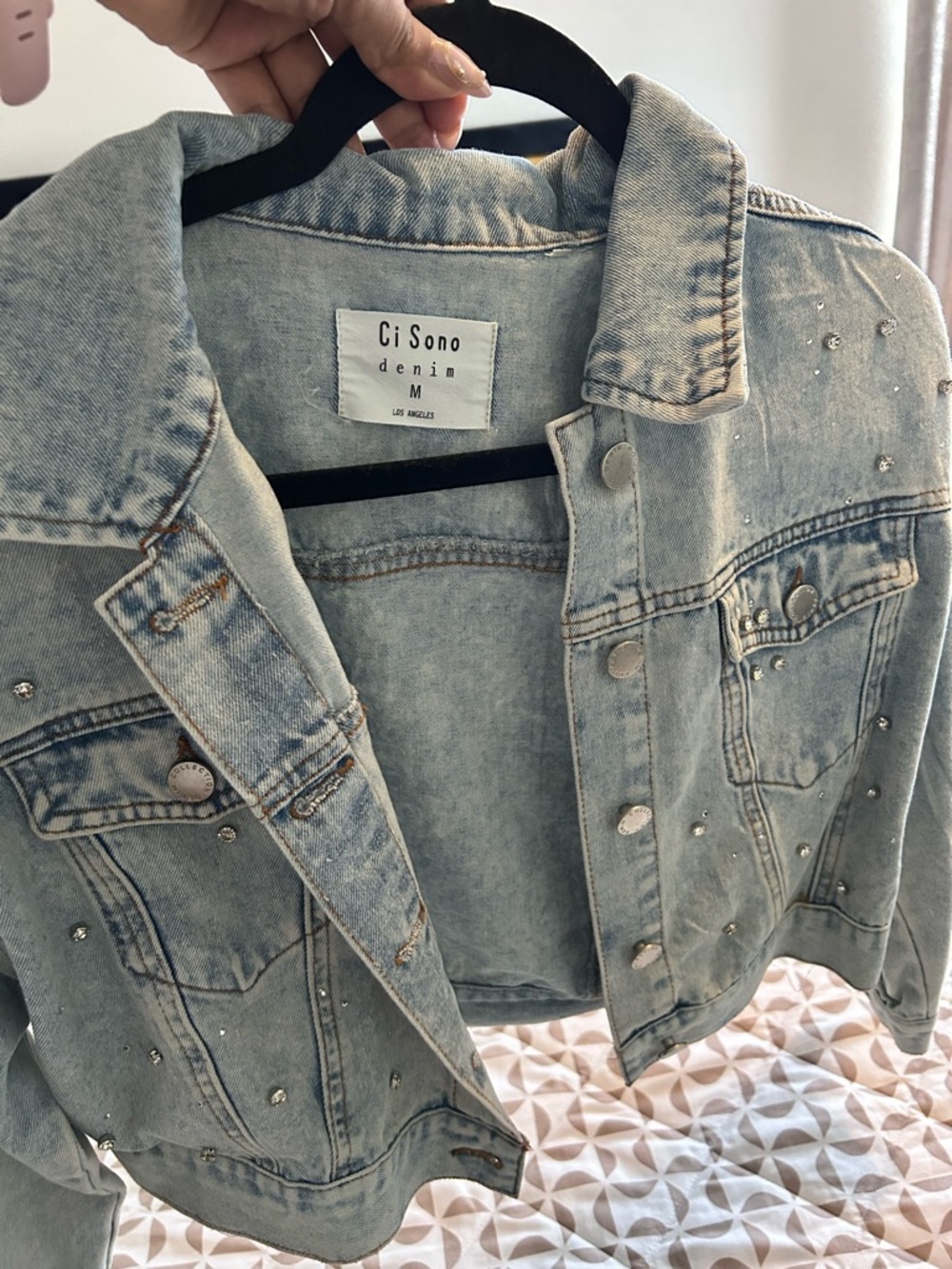 Ci Sono Light Wash Denim Jacket with Crystal Studs